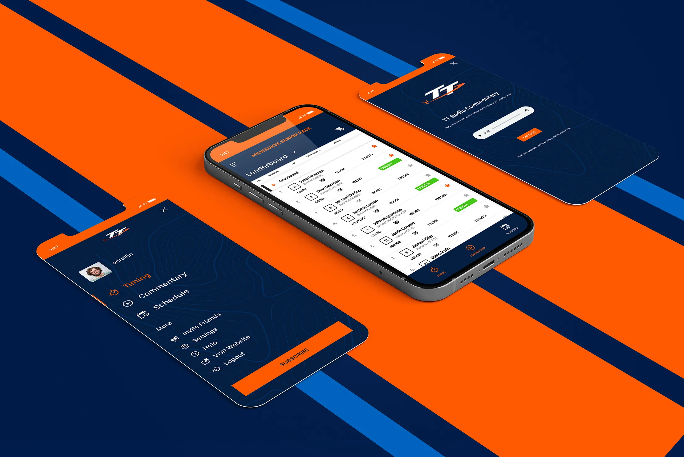 Angled smartphone mockup showing the TT Trophy live timing leaderboard and app interface on an orange and navy branded background